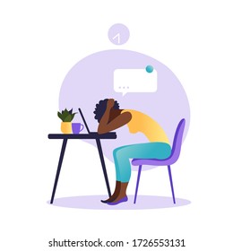 Professional burnout syndrome. Illustration with tired african american woman office worker or freelancer sitting at the table. Frustrated worker, mental health problems. Vector illustration in flat.