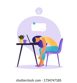 Professional burnout syndrome. Illustration with tired woman office worker or freelancer sitting at the table. Frustrated worker, mental health problems. Vector illustration in flat.