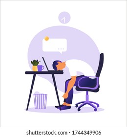 Professional burnout syndrome. Illustration tired office worker sitting at the table. Frustrated worker, mental health problems. Vector illustration in flat. 