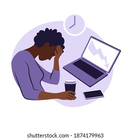 Professional burnout syndrome. Illustration tired african female office worker sitting at the table. Frustrated worker, mental health problems. Vector illustration in flat style.