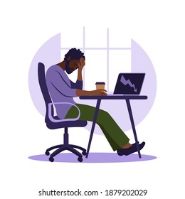 Professional burnout syndrome. Illustration tired african american office worker sitting at the table. Frustrated worker, mental health problems. Vector illustration in flat.