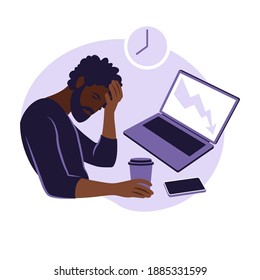 Professional burnout syndrome. Illustration tired african american office worker sitting at the table. Frustrated worker, mental health problems. Vector illustration in flat.