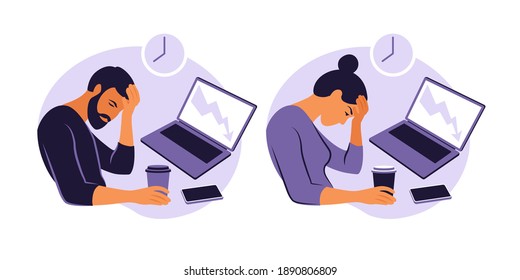 Professional burnout syndrome. Illustration tired female and man office worker sitting at the table. Frustrated worker, mental health problems. Vector illustration in flat style.