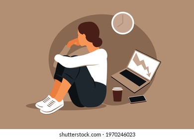 Professional burnout syndrome. Illustration tired female office worker sitting at the table. Frustrated worker, mental health problems. Vector illustration in flat style.