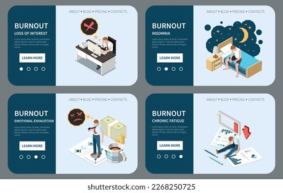 Professional burnout syndrome isometric banner set with emotional stress symbols isolated vector illustration