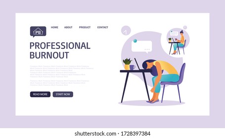 Professional burnout syndrome landing page.  Illustration with happy and tired female office worker sitting at the table. Frustrated worker, mental health problems. Vector illustration in flat style. 