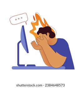Professional burnout syndrome. Man in stress under pressure, office desk, speech bubble, fire on the background. Frustrated worker, mental disorder problems. Modern vector flat illustration