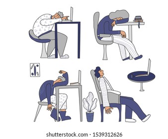 Professional burnout syndrome. Person sitting at the table and sleeping. Exhausted character at work. Flat vector illustration.