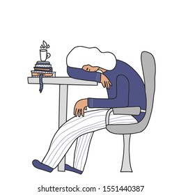 Professional burnout syndrome. Person sitting at the table and sleeping. Exhausted character at work. Flat vector illustration.