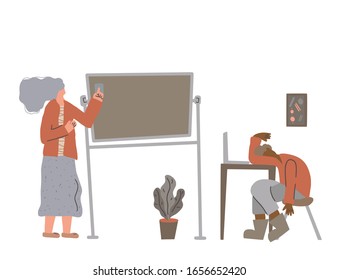 Professional burnout syndrome. Person sitting at the lesson and sleeping. Exhausted character at the desk and getting a wink of sleep and his teacher. Flat vector illustration.
