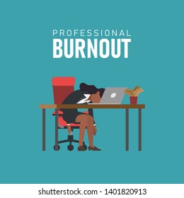 Professional burnout syndrome. Tired african american woman at work lying at the desk. Girl at office workplace. Flat vector illustration, business concept of overload, tiredness, weariness, career.