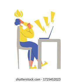 Professional burnout syndrome. Tired character working from home on computer isolated on white background. Stressed person using laptop for reading or watching news. Vector flat color illustration.