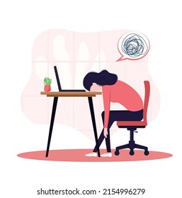 professional burnout syndrome. Tired girl sits bored with his head down on the laptop. Frustrated worker mental health problems. Vector long work day illustration Eps 10