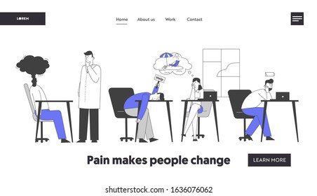 Professional Burnout Syndrome Website Landing Page. Exhausted Managers at Work Sitting at Table with Head Down and Low Battery, Holidays Dream Web Page Banner. Flat Vector Illustration Line Art