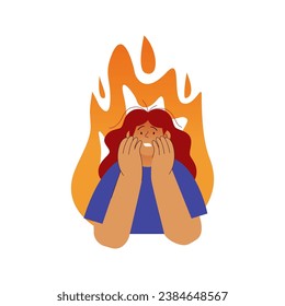Professional burnout syndrome. Woman in stress under pressure, fire on the background. Mental disorder problems. Modern vector flat illustration
