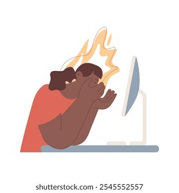 Professional burnout syndrome. Woman in stress under pressure,  office desk, fire on the background. Frustrated worker, mental disorder problems. Modern vector flat illustration