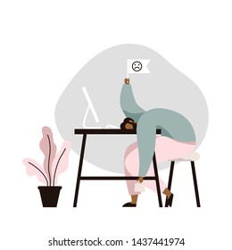 Professional burnout. Tired male worker sitting at the table. Long working day in office. Mental health problems. Flat vector illustration.