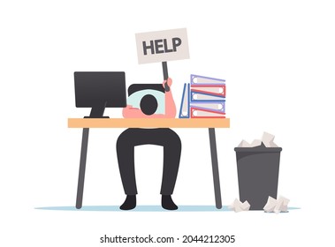 Professional Burnout, Tired Overload Businessman Lying on Office Desk with Help Flag in Hand and Heaps of Documents. Overwork, Tiredness Fatigue and Depression Concept. Cartoon Vector Illustration