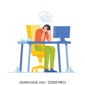 Professional Burnout, Tired Overload Businessman Sitting at Office Workplace Holding Head with Hands and Heaps of Crumpled Documents at Desk. Overwork, Tiredness Fatigue. Cartoon Vector Illustration