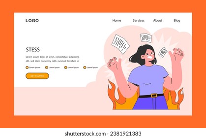 Professional burnout web banner or landing page. Stress. Young employee on fire at workplace. Work-life disbalance, burning deadline and stress. Woman under job pressure. Flat vector illustration