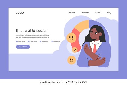 Professional burnout web banner or landing page. Emotional exhaustion. Young employee or office worker work-life disbalance and stress. Woman under job pressure. Flat vector illustration