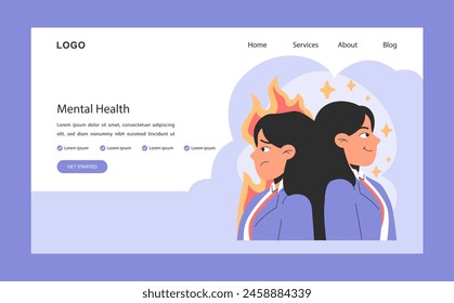 Professional burnout web banner or landing page. Mental health. Employee on fire at workplace. Work-life disbalance, burning deadline and stress. Woman under job pressure. Flat vector illustration