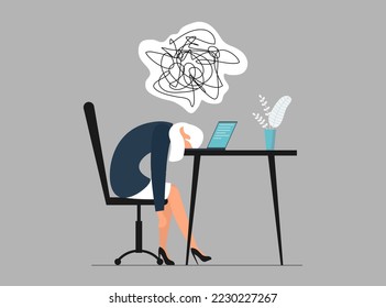 Professional burnout at work and chaos in head. Tired and overworked woman manager at office workplace lies face down on laptop. Frustrated worker mental health problems. Vector eps illustration