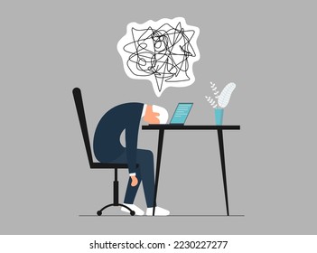 Professional burnout at work and chaos in head. Tired and overworked man manager at office workplace lies face down on laptop. Frustrated worker mental health problems. Vector eps illustration