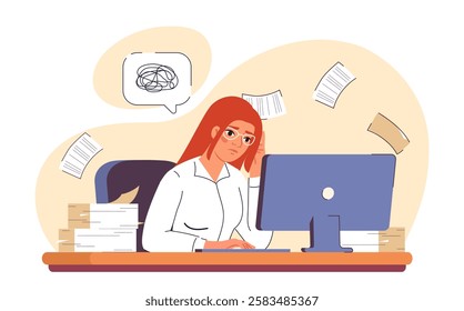 Professional burnout at work. Tired woman at workplace with lot of work. Mental and psychological problems. Headache and tiredness. Inefficient workflow. Flat vector illustration