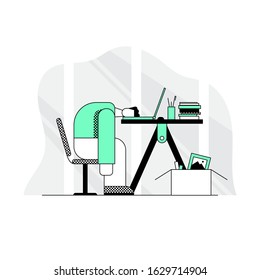 Professional burnout. Worker sits on a chair head at the office desk. Tired, sad sleeping man at the workplace. Flat linear style. Vector illustration.