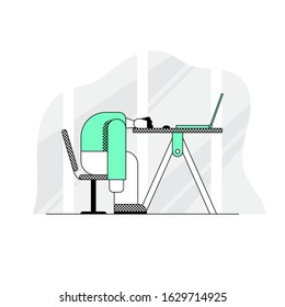 Professional burnout. Worker sits on a chair head at the office desk. Tired, sad sleeping man at the workplace. Flat linear style. Vector illustration.