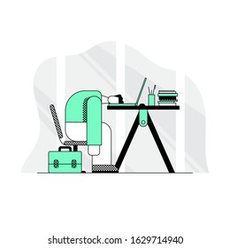 Professional burnout. Worker sits on a chair head at the office desk. Tired, sad sleeping man at the workplace. Flat linear style. Vector illustration.