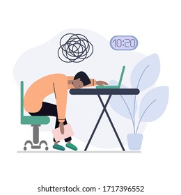 Professional burnout, working afro american man with sheet of paper in his hand, tired male. Flat vector illustration.