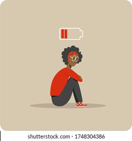 Professional burnout. Young exhausted African American man sits and hugs his knees. Zero charge of energy. The guy is offended, in depression. Isolated vector illustration.