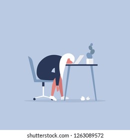 Professional burnout. Young exhausted female manager sitting at the office. Long working day. Millennials at work. Flat editable vector illustration, clip art