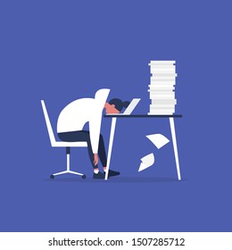 Professional burnout. Young exhausted female manager sitting at the office. Long working day. Millennials at work. Flat editable vector illustration, clip art