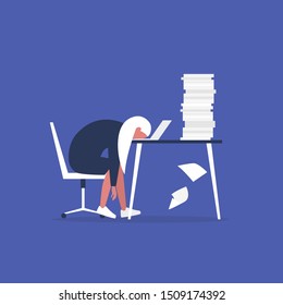 Professional burnout. Young exhausted female manager sitting at the office. Long working day. Millennials at work. Flat editable vector illustration, clip art