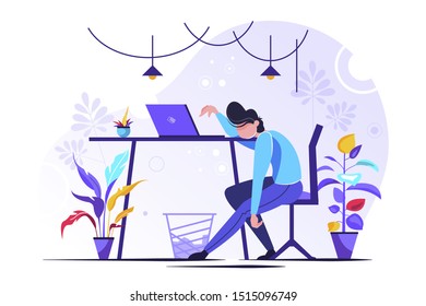Professional burnout. Young exhausted female manager sitting at the office. Long working day. Millennials at work. Flat editable vector illustration, clip art
