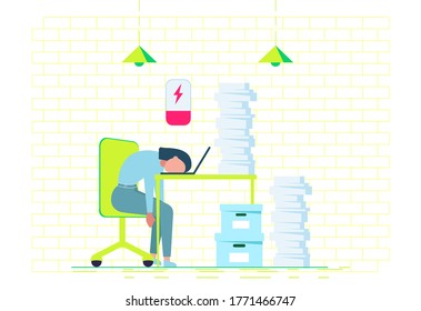 Professional burnout. Young exhausted female manager sitting at the office. Long working day. Millennials at work. Flat editable vector illustration, clip art.