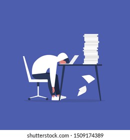 Professional burnout. Young exhausted male manager sitting at the office. Long working day. Millennials at work. Flat editable vector illustration, clip art