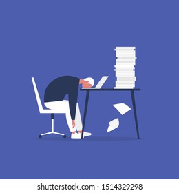 Professional burnout. Young exhausted male manager sitting at the office. Long working day. Millennials at work. Flat editable vector illustration, clip art