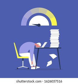 Professional burnout, Young exhausted male manager sitting at the desk in the office, Long working day, Millennials at work