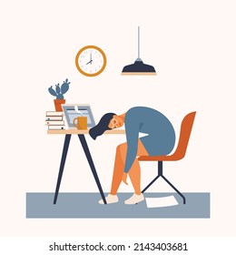 Professional burnout. Young exhausted manager sitting at the office. Long working day. Millennials at work. Flat editable vector illustration.