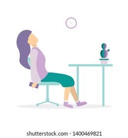 Professional burnout. Young exhausted woman sitting at the office. Long working day. Flat vector illustration isoleted on white background.
