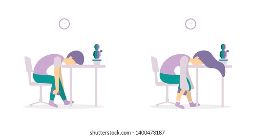 Professional burnout. Young exhausted woman and man sitting at the office. Long working day. Flat vector illustration isoleted on white background.