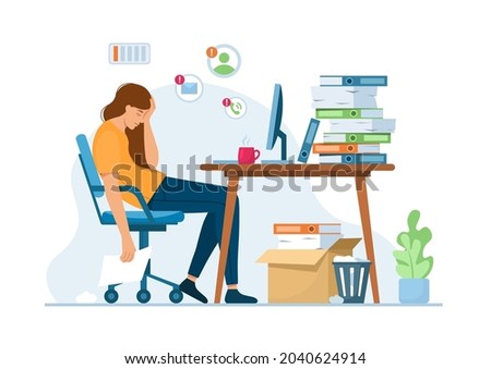 Professional burnout.Stress at work.Mental health problem.Tired, sad, unhappy woman at workplace with paper document piles.Deadline concept vector illustration.Overworked businesswoman.Office Routine 
