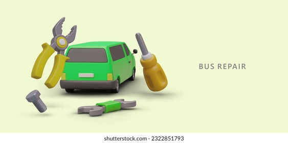 Servicio de autobús profesional. Trabajo preventivo, reparación, recuperación después de accidentes. Búsqueda y selección de piezas de repuesto originales. Mecánico automático certificado. Banner comercial de estilo moderno, lugar para slogan