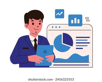 A professional business analyst in a navy blue suit uses a digital tablet to view financial charts, representing a scene of data-driven decision-making in a corporate environment.