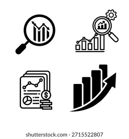 Conjunto de íconos de análisis de negocios de Profesional que incluye gráficos, lupas e informes, perfecto para finanzas, análisis de marketing, presentaciones y paneles corporativos.
