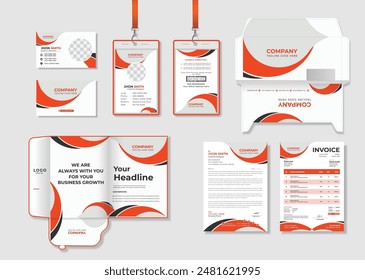 Professional business branding stationery set design template. Business office stationary mockup template of Business card, ID card, Envelope, Marketing File folder, Letterhead and Invoice design.